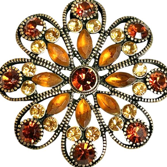 Orange and Amber Tones Ornate Round Brass Gold Tone Pendant - Picture 3 of 4